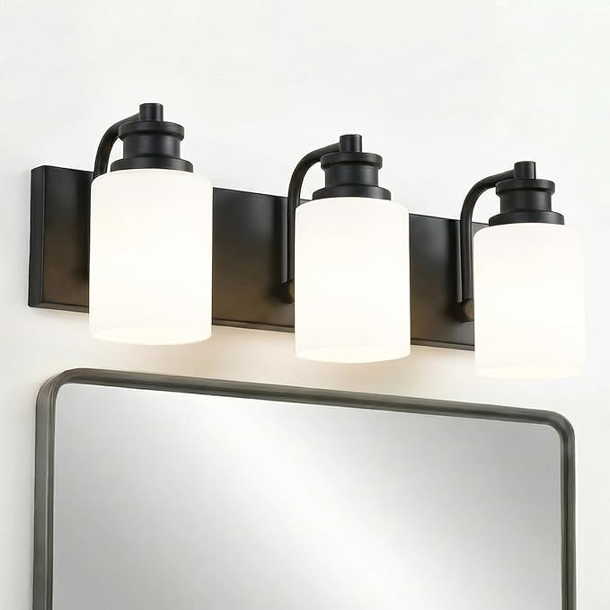VINLUZ 3 Light Black Vanity Lighting Fixture for Bathroom Decor Classic Industrial Wall Light with Milky White Glass Shades for Porch Workshop