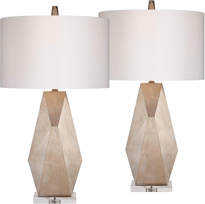 Possini Euro Design 32 1/2" Tall Geometric Large Mid Century Modern Glam End Table Lamps Set of 2 Champagne Gold Living Room Bedroom Bedside Nightstand House Office Home Reading Off-White Shade