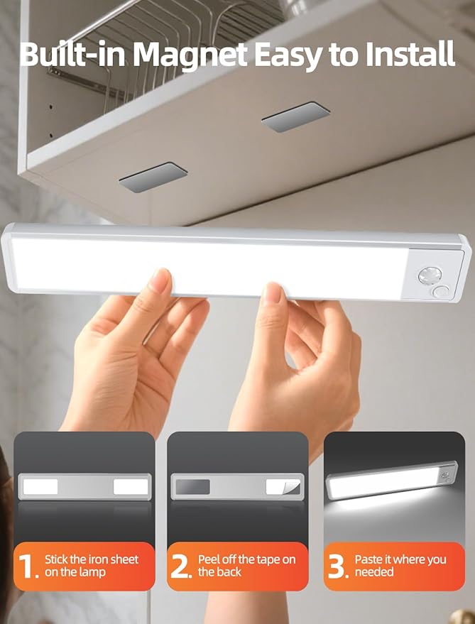 Under Cabinet Motion Sensor Lighting: 12 Inch Dimmable Rechargeable Lights Indoor - Battery Operated Lights - Undercabinet Closet Light Magnetic Led Light for Kitchen Home Bathroom Counter 3 Pack