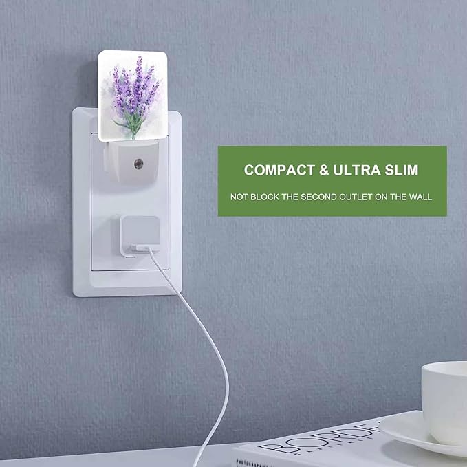 LED Night Light,Delicate Purple Lavender Flowers LED Night Light Plug into Wall with Dusk to Dawn Light Sensor White Energy Efficient Nightlight for Bedroom Bathroom Hallway LivingRoom Kitchen
