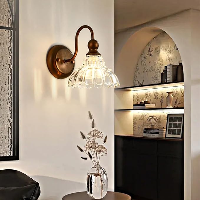 Bronze Wall Sconce Vintage Wall Light Fixtures for Living Room 1-Light Bathroom Vanity Light Hradwired Modern Wall Lamps with Clear Glass Flower Shade for Bedroom Hallway Bathroom