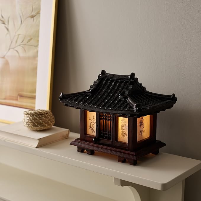 Traditional Korean Wood Lamp | Handmade Asian Oriental Table Lantern | Bedside Bedroom Accent Light | Unique Gift Idea | Pagoda Design (Brown) (Hanok)