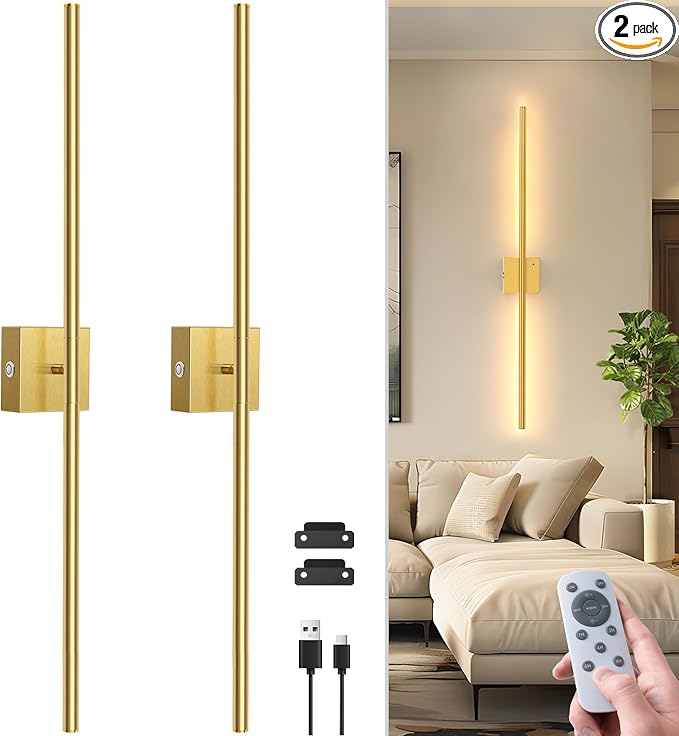 NIORSUN 35 Inch Battery Operated Wall Sconce Set of 2, 360° Rotation Gold Rechargeable Wall Lights with Detachable Tube and Remote, 3CCT Dimmable Wireless Wall Lamp for Living Room Bedroom Hallway