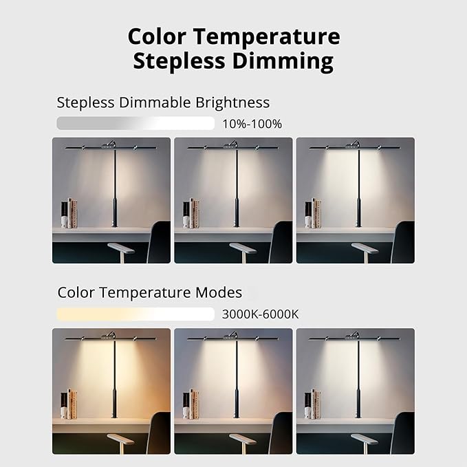 LED Desk Lamp with Clamp, 24W Architect Light, Auto-Dimming, Stepless Brightness Control, Atmosphere Lighting for Home Office