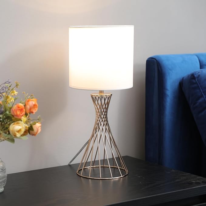 Gold Table Lamp, Nightstand Lamp, Small Cute Desk Lamp, Modern Bedside Lamp with White Fabric Shade, Metal Geometric Hollow Out Base Lamps for Living Room Bedrooms Kids Room