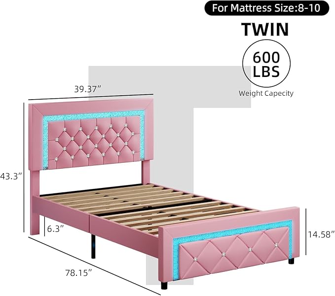 BarnFurin Twin Bed Frame with LED Lights, Upholstered Platform Bed with Diamond Tufted Headboard, No Box Spring Needed, Noise Free, Easy Assembly, Pink