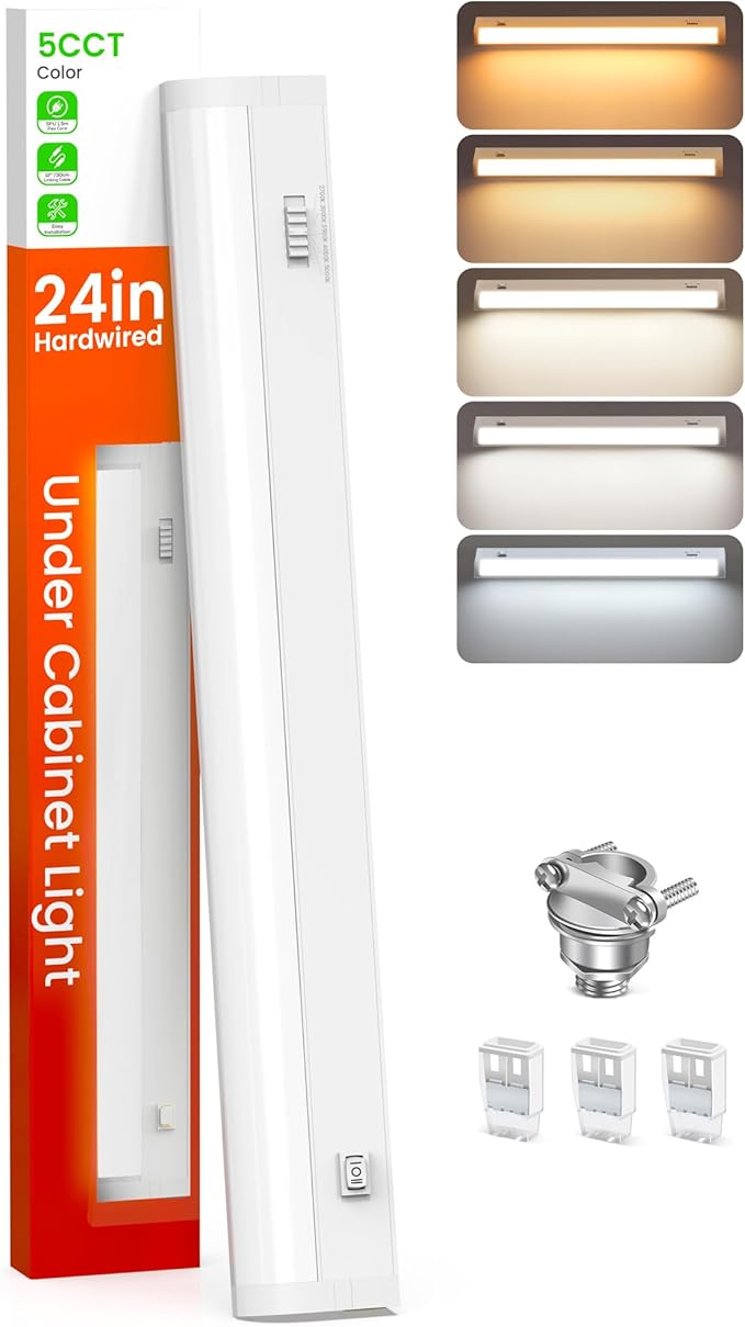 ALUSSO LIGHTING® 24 Inch LED Under Cabinet Lighting Hardwired, 5CCT Color Selectable 2700K-5000K Dimmable 15W 1200LM High Brightness, CRI 90 Strip Linkable Under Counter Lights for Kitchen, 1 Pack