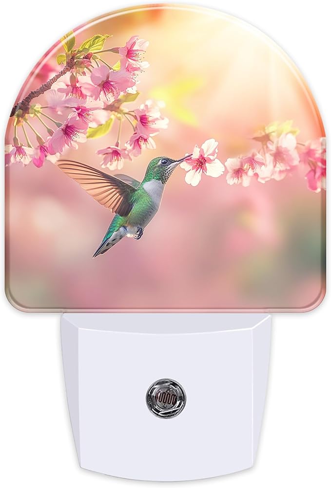 Hummingbird with Pink Flowers Night Light, Dusk-to-Dawn Auto Sensor Plug in Night Light for Kids, 0.5W Energy Saving LED NightLights for Bedroom/Bathroom, Ideal Gifts for Women Men