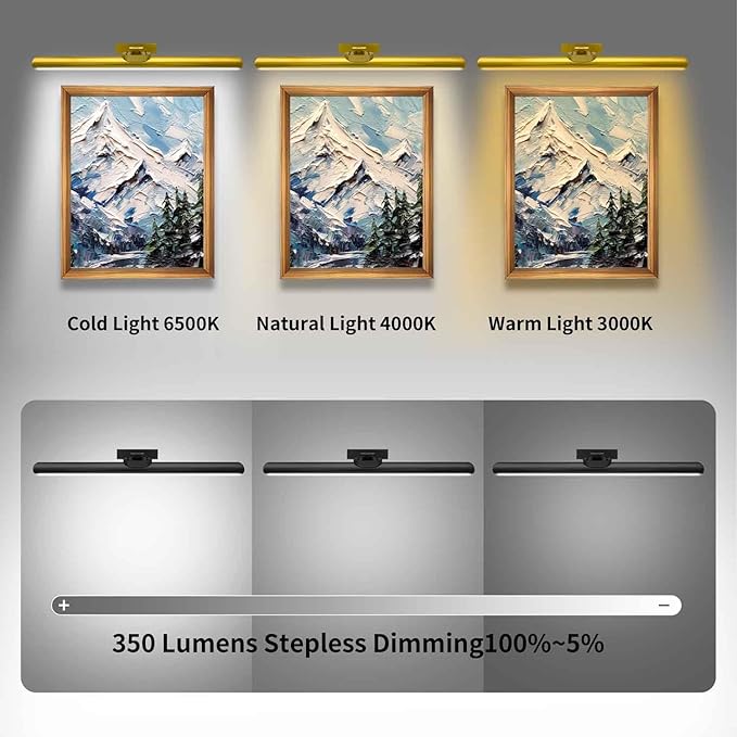 24.4" Wireless Picture Lights, Rechargeable Battery Art Display Light with Remote Control, Dimmable/Timer Off Dartboard Light, 3 Lighting Modes Full Metal Painting Display Lights (Gold-2Pack)