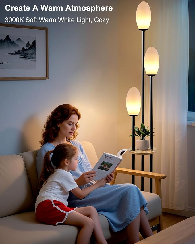 Black Dimmable Floor Lamp with Table, Unique Candle Holder Style Tall Standing Lamps with 3000K G9 Bulbs for Reading, Mid Century Modern Floor Lamp for Living Room Bedroom Office