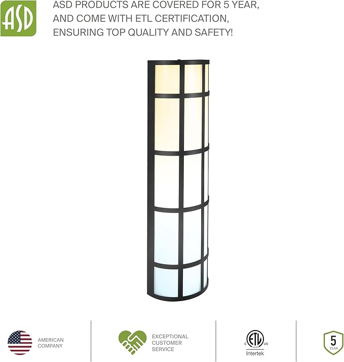 ASD 24 Inch LED Outdoor Wall Mount Light Fixture with Grid - Matte Black Modern Wall Sconce - 25W 120-277V 3000K 4000K 5000K Adjustable - Dimmable Exterior Lights - Front Door, Patio - ETL