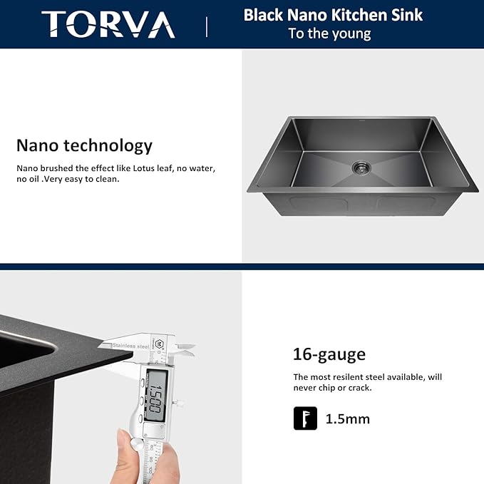 TORVA 32 x 19 Inch Gloss Black Ceramic Coating with NanoTek Undermount Kitchen Sink,PVD Coated Gunmetal Sink, 16 Gauge Stainless Steel Wet Bar or Prep Sinks Single Bowl, Dark Gray