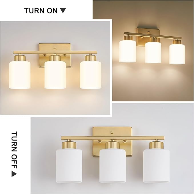 Gold Bathroom Light Fixtures, 3-Light Modern Vanity Light Over Mirror, Wall Sconces with Milky White Frosted Glass Shades, E26 Socket (Bulbs Not Included)