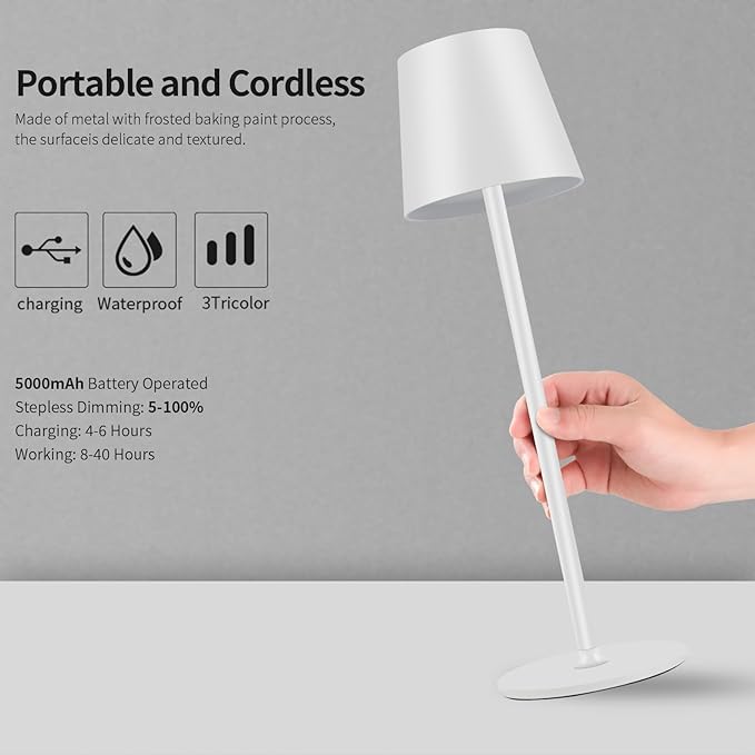 BGFHome 2Pack Cordless Table Lamp LED Desk Lamp,5000mAh Rechargeable Touch Night Light Wireless Minimalist Design for Couple Dinner/Restaurant/Bedroom/Bars/Outdoor Party/Camping/Coffee Shop（White