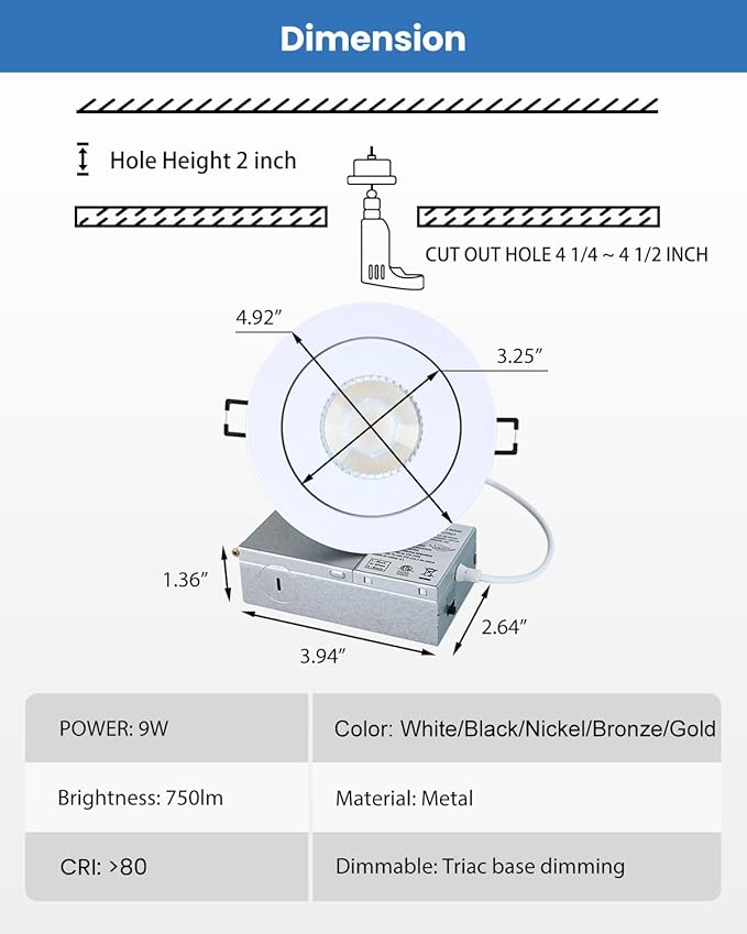 4 inch LED Gimbal Recessed Light, 9W 750lm Eyeball Sloped Ceiling Task Lighting, Soffit Wafer Indoor Directional Lighting, 90° Tilt and 360° Rotation Recessed Lighting 4 inch White 12Pack
