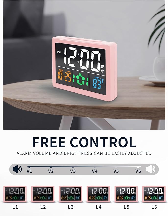 Digital Alarm Clock, with 5.5" Large LED Time Display, Adjustable Alarm Volume, 6 Level Brightness, Alarm Settings, USB Charger, Temperature Detect, Snooze, Clocks for Bedroom, Bedside, Desk, Pink