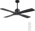 WINGBO 54" DC Ceiling Fan without Lights, 4 Carved Solid Wood Blades, 6-Speed Noiseless Reversible DC Motor, Modern Ceiling Fan No Light with Remote, Matte Black Finish with Black Blades, ETL Listed