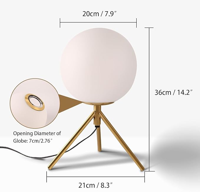 Gold Table Lamp Glass Globe Table Lamp Mid Century Modern Bedside Lamp Small Nightstand Lamp Milk White Desk Lamps for Bedroom, Living Room, Study Room