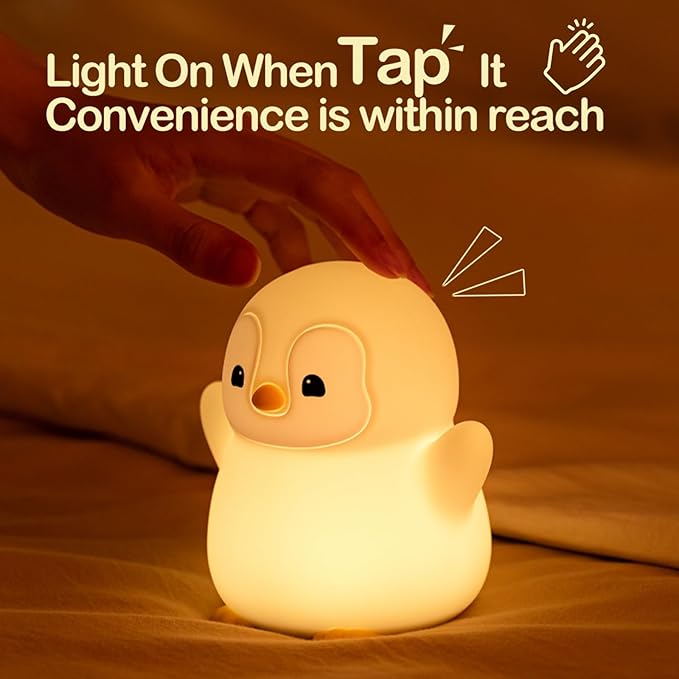 ATSUI Happy Penguin Night Light, LED Squishy Novelty Animal Lamp, Food Grade Silicone, 2 Level Dimmable, Nursery Nightlight for Desk Decor, Funny Gifts Stuff for Boys Girls Baby, White Elephant Gifts