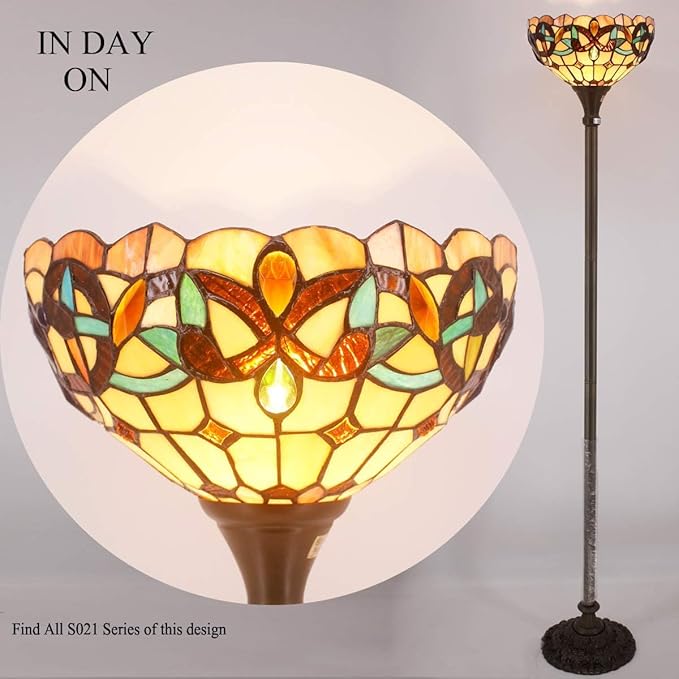 WERFACTORY Tiffany Floor Lamp Serenity Victorian Stained Glass Light 12X12X71 Inches Pole Torchiere Standing Corner Torch Uplight Decor Bedroom Living Room Home Office S021 Series