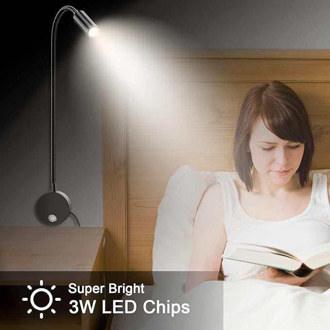 Wall Mounted LED Reading Light with 15" Flexible Gooseneck, Dimmable Book Light for Reading In Bed with USB Charging Port, Plug In Headboard Night Lights, 3 Colors Temperature, Touch Control-2 Pack