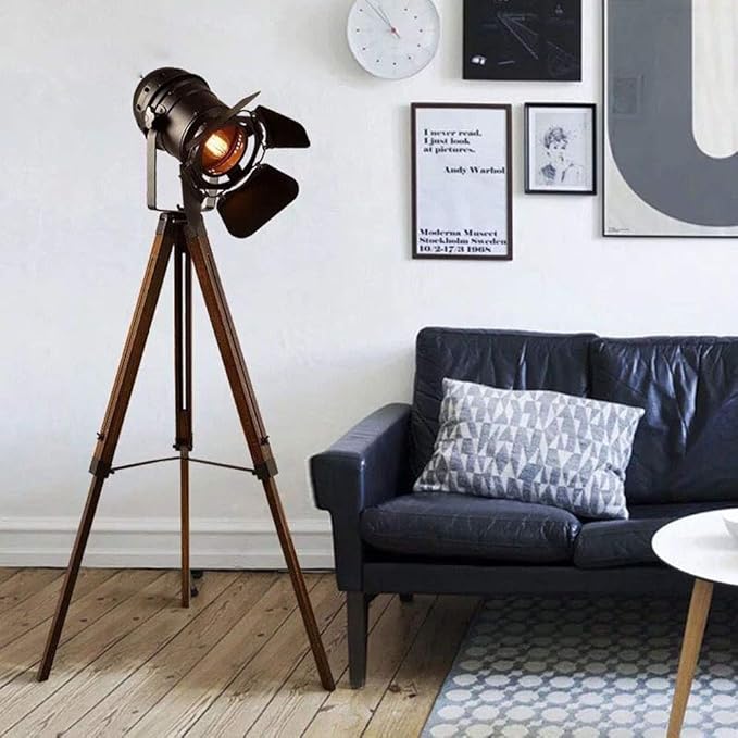 SUNLLOK Vintage Black Wood Tripod Floor Lamp for Living Room, Modern Industrial Metal Nautical Cinema e26 Standing Corner Searchlight - Rustic Reading Adjustable Desk Table Light for Bedroom Office