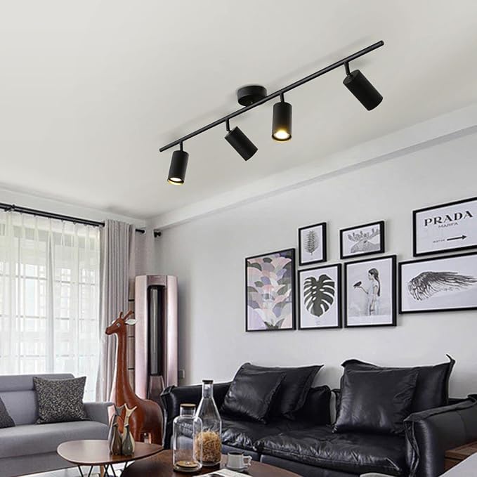 BOKT Matte Black Track Ceiling Light Modern 4-Lights LED Track Lighting Kit Farmhouse 4 Ways Flush Mount Ceiling Spotlight Vintage Adjustable Track Lighting Fixture