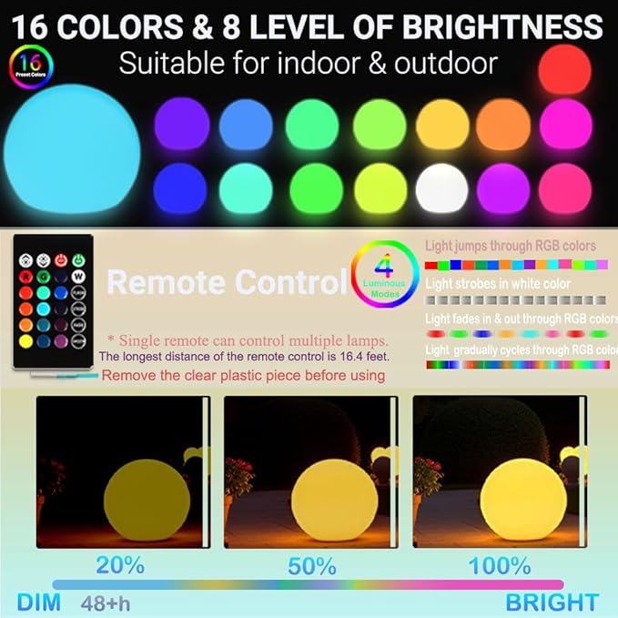 20-inch Large LED Globe Orb Light, Rechargeable LED Ball Light, Dimmable 16 RGB Colors Globe Floor Lamp w/Remote, Indoor/Outdoor Waterproof Glowing Orb Mood Lamp for Home Garden Patio Party