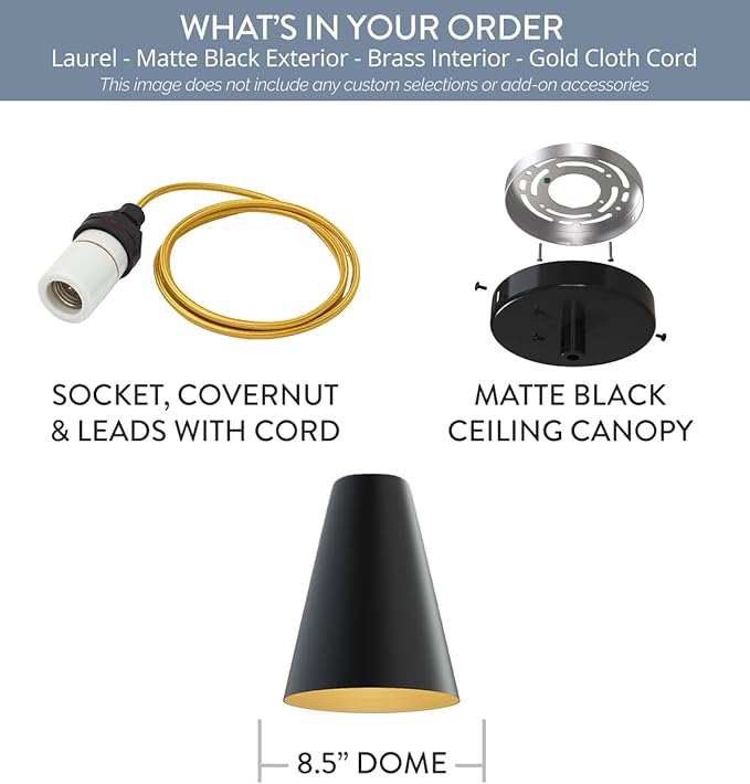 Steel Lighting Co. Laurel Pendant Light | Ceiling Mounted | 8.5 inch Cone Shade | Modern Contemporary Farmhouse Style Made in America | Gold Cloth Cord | Matte Black Exterior/Brass Interior