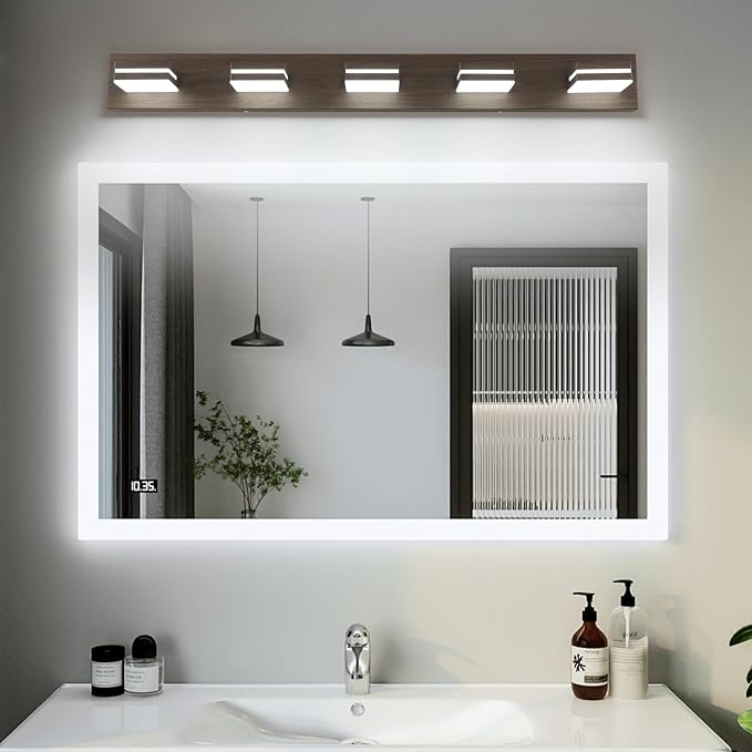 SineRise LED Modern Bathroom Vanity Light Fixtures (5-Light, 40-Inch), Brown Wood Painted Modern Acrylic Bathroom Wall Lighting Fixtures Over Mirror (Cool White 6000K)