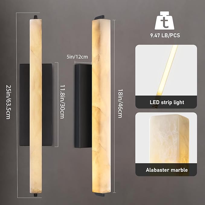 Alabaster Wall Sconce, 25" Natural Marble Wall Sconce, Black Alabaster Single Sconces, Bronze Modern Bathroom Sconces, Indoor Wall Lighting for Living Room, Bedroom, Hallway, Staircase