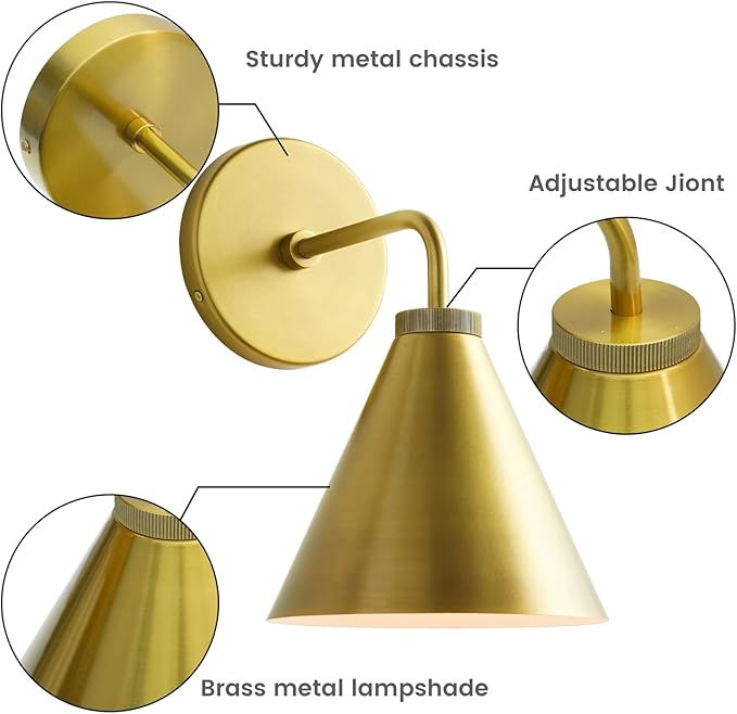Retro Industrial Metal Cone Sconce Light - Vintage Inspired Modern Gold Wall Sconce with Metal Shade, Wall Mount Lighting for Bedroom, Hallway, Living Room (10.5“W x 10.5" L x 12.5" H Gold)