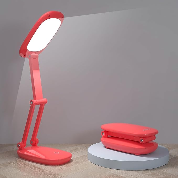 LED Desk Lamp for Office Home & Battery Operated Lamp Rechargeable Lamp Foldable & Portable Light, [2-Fold Bracket] 3 Brightness Dimmable Small Desk Lamp Wireless Reading Lamp (Red)