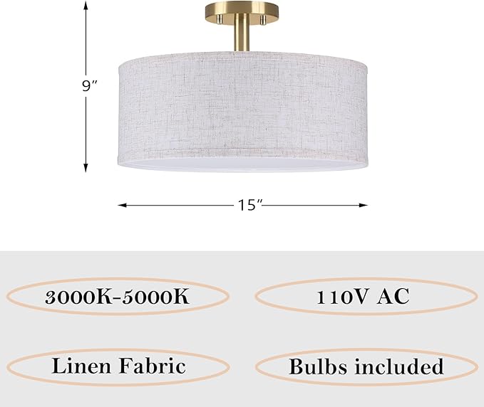 LED 18W Adjustable 3000/4000/5000K 15 Inch Drum Lenin Fabric Gold Semi Flush Mount Close to Ceiling Light Fixture for Bedroom,Living Room,Dining Room Hallway