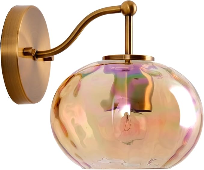 Gold Wall Sconce Light Amber Hammered Glass Vanity Lighting Brushed Brass Champagne Wall Lamp for Bathroom Over Mirror