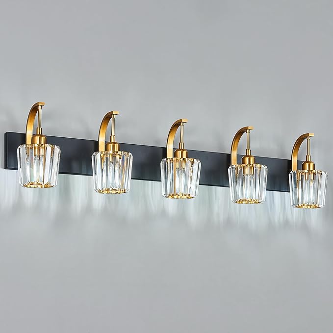 Modern Bathroom Vanity Light, 5-Light Black Gold Wall Sconce with Crystal Accents, Over Mirror Bathroom Lighting Fixture, 42.52" Long Dimmable Vanity Lamp for Makeup, Easy Installation