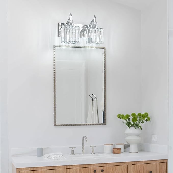 Modern Bathroom Vanity Light 2-Light Chrome Crystal Light Fixtures Over Mirror for Bathroom Wall Sconce