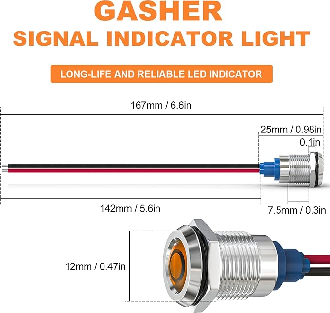 GASHER 5 PCS Energy Saving Indicator Light, LED Light 12V/24V/110V 20mA Panel Mount Light, Mounting Hole Size 12mm(1/2 inch) Yellow LED (24V)