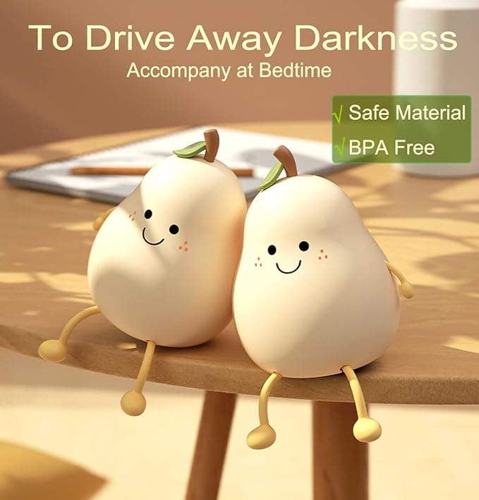 HAPPYBAG Cute Silicone Night Light for Kids,Dimmable Nursery Pear Lamps,Kawaii Room Decor Fruit Night Light Bedside Lamp for Baby and Toddler