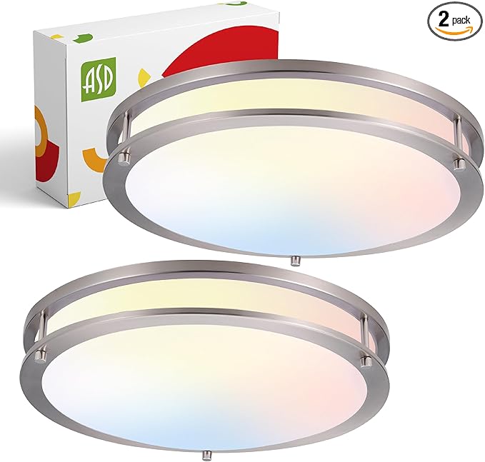 ASD LED 16" Round Flush Mount Lighting, Close to Ceiling Light Fixture | 3CCT, Dimmable, Energy Star, ETL Listed | 24W 2150LM 3000-5000K 100-277V | Low Profile Double Ring Lamp | Nickel, 2 Pack