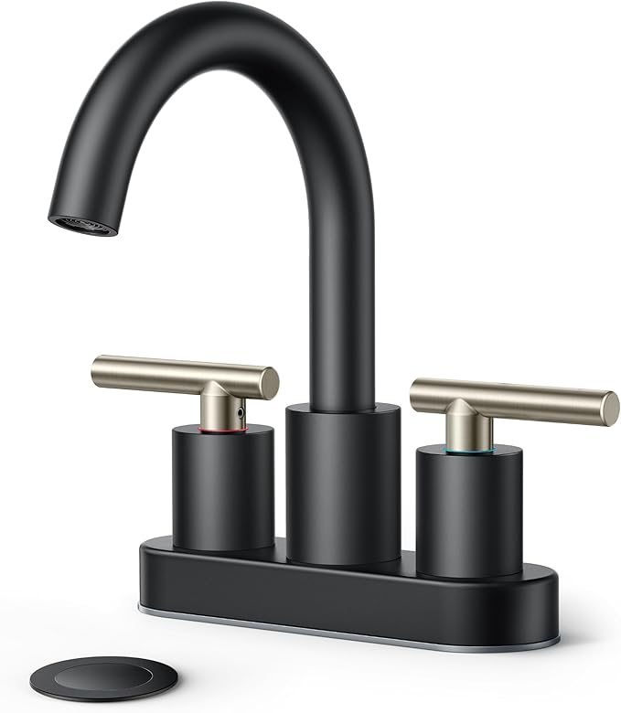 FORIOUS 4 Inch Centerset Bathroom Sink Faucet Black and Brushed Nickel, 2 Handle RV Bathroom Sink Faucet Matte Black 4" with Pop Up Dain, 24 in Hot and Cold Water Hoses, and 360 Degree Swivel Spout