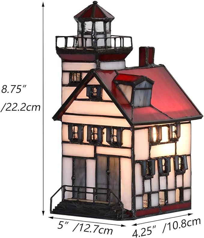 Bieye L10778 Lorain Lighthouse Tiffany Style Stained Glass Accent Table Lamp Night Light for Home Decoration (4x5x9, Red)