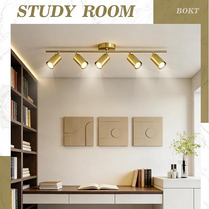 BOKT 5-Light LED Track Lighting Fixtures Ceiling Gold Modern 5 Way Spotlight Fixture Indoor Spot Lighting Mid Century Vintage Linear Kitchen Track Lighting Kit Brushed Brass Picture Light