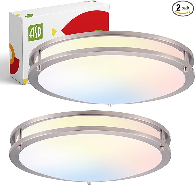 ASD LED 18" Round Flush Mount Lighting, Close to Ceiling Light Fixture | 3CCT, Dimmable, Energy Star, ETL Listed | 28W 2750LM 3000-5000K 100-277V | Low Profile Double Ring Lamp | Nickel