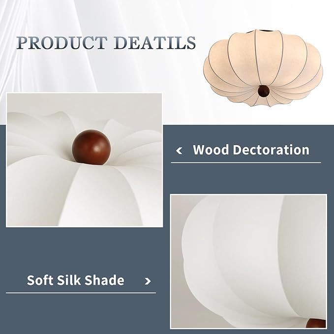 KCO Lighting Japanese Silk Ceiling Light Fixture White Fabric Flush Mount Ceiling Light Large Drum Light Fixtures Boho Chandelier for Bedroom Entryway