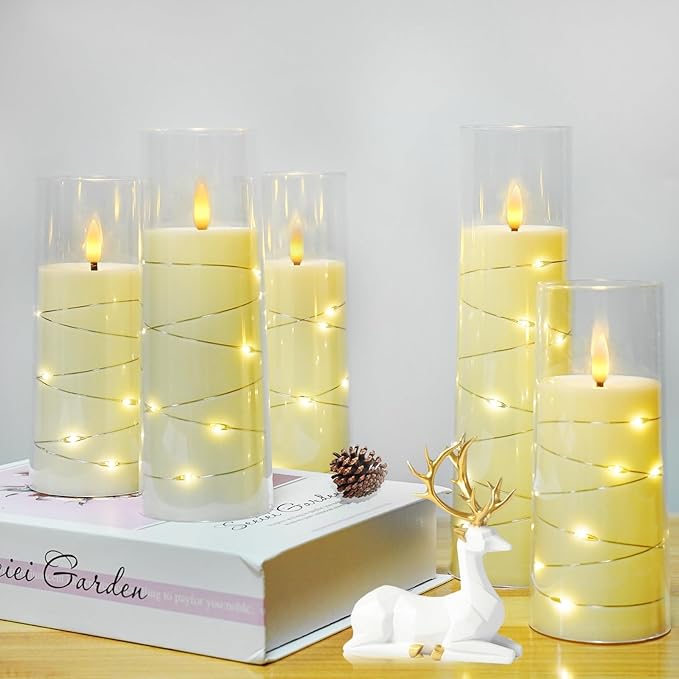 Flameless LED Candles with Timer 5 Pc Flickering Flameless Candles for Romantic Ambiance and Home Decoration Stable Acrylic Shell,with Embedded Star String，Battery Operated Candles（Ivory）