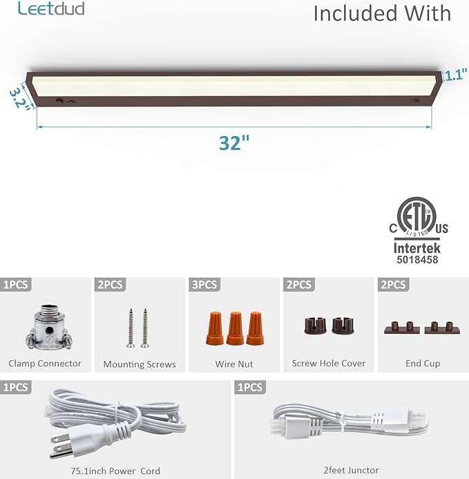 Under Cabinet Lighting Plug in or Hardwired Built-in Dimmer, 32 Inch 16W, 5CCT 2700/3000/3500/4000/5000K, Linkable Counter Lights for Kitchen, ETL Dimmable LED Light Fixture, Bronze