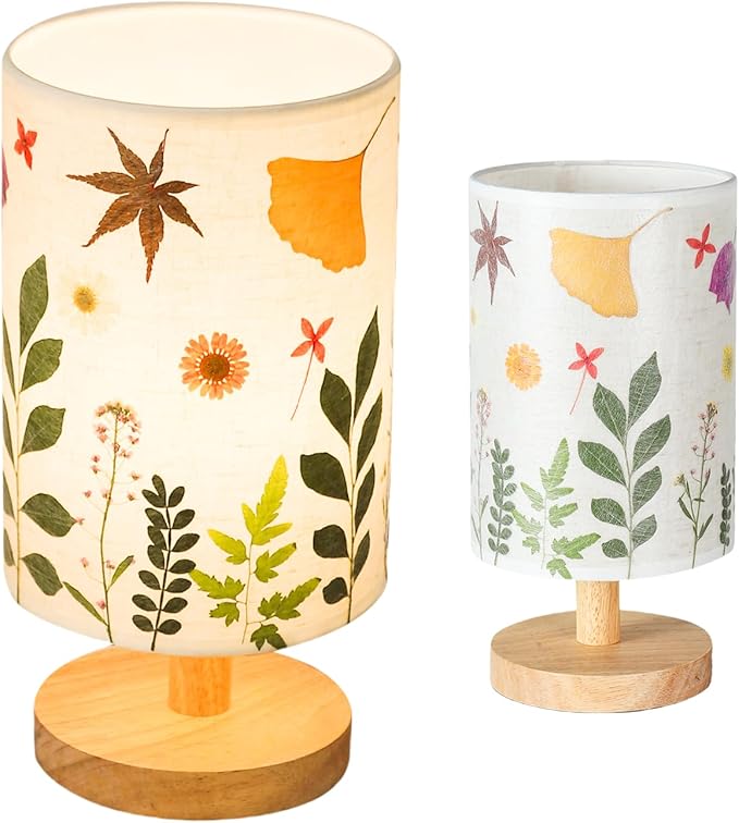 Pressed Flowers Table Lamp 5W LED 3Color Temperatures Dried Flower Bedside Lamp Linen Shade with Wood Base for Bedroom Living Room Desk Office