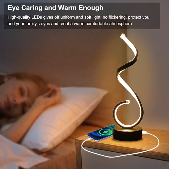 Modern Spiral LED Table Lamp for Bedroom, Bedside Lamps with USB Charging Ports, Dimmable Side Table Lamp Touch Lamps for Nightstand, 3 Colors Modes Desk Lamps for Living Room, Office - Black