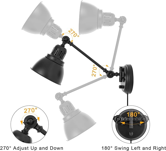 Plug in Wall Sconces, Wall Sconce Lighting with Dimmable On Off Switch, Swing Arm Wall Lamp, Black Metal Industrial Wall Light Fixtures, Safety E26 Base, 6FT Plug in Cord